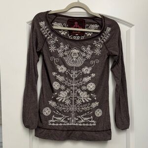 Johnny Was Dark Brown Embroidered Long Sleeve Top